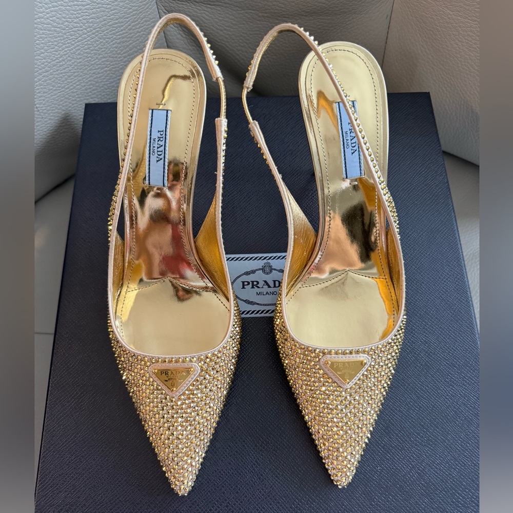 PRADA Satin Slingbacks with Crystals Platinum.